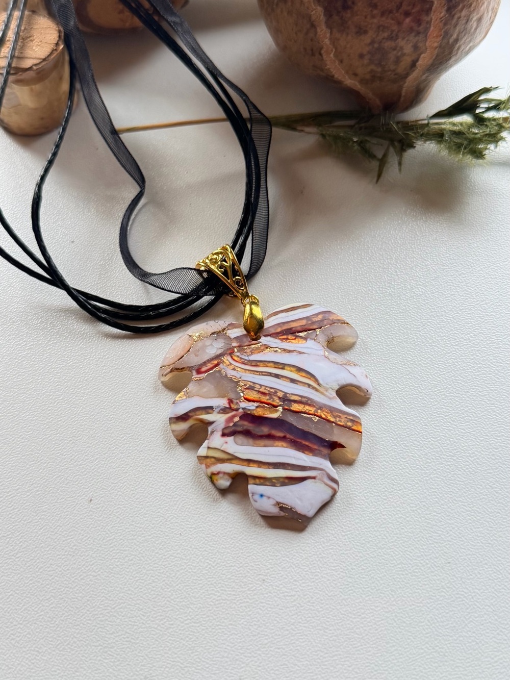 Handmade Marbled Leaf Pendant Necklace in White and Copper with Black Cord